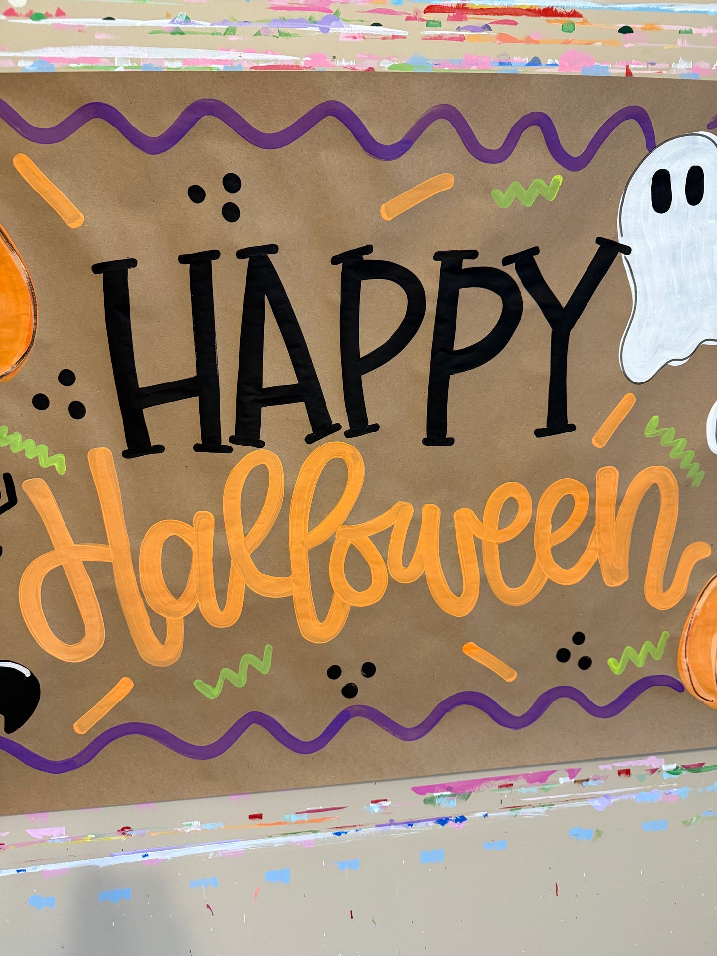 Spooky Ready to Ship Happy Halloween Banner β Hand-Painted Kraft Paper with Ghost & Pumpkins