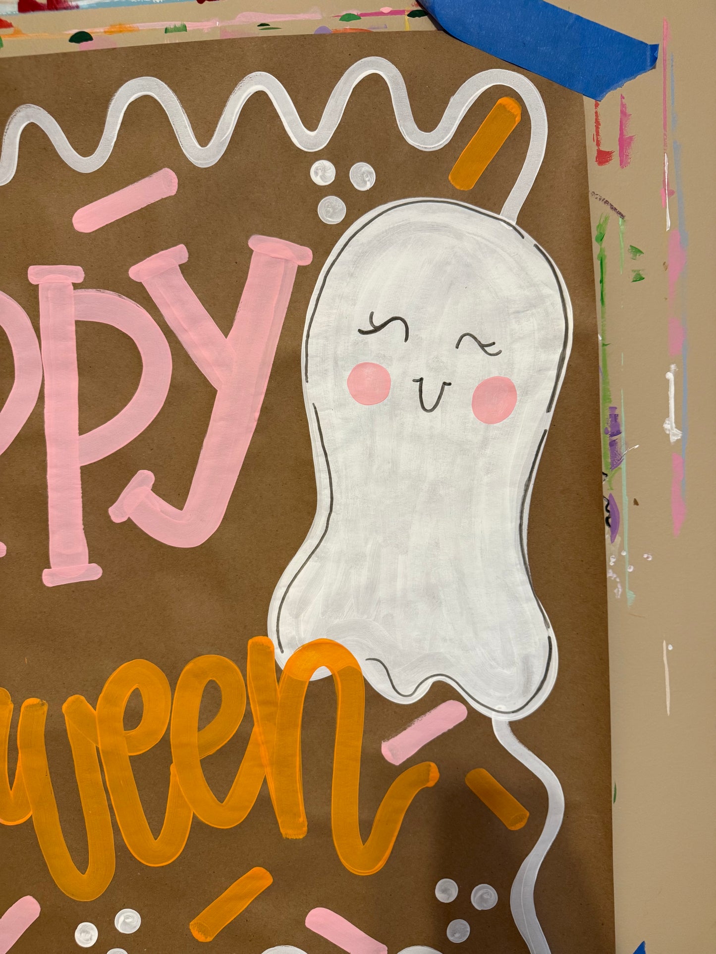Bow Ready to Ship Happy Halloween Banner β Hand-Painted Kraft Paper with Ghost & Pumpkins