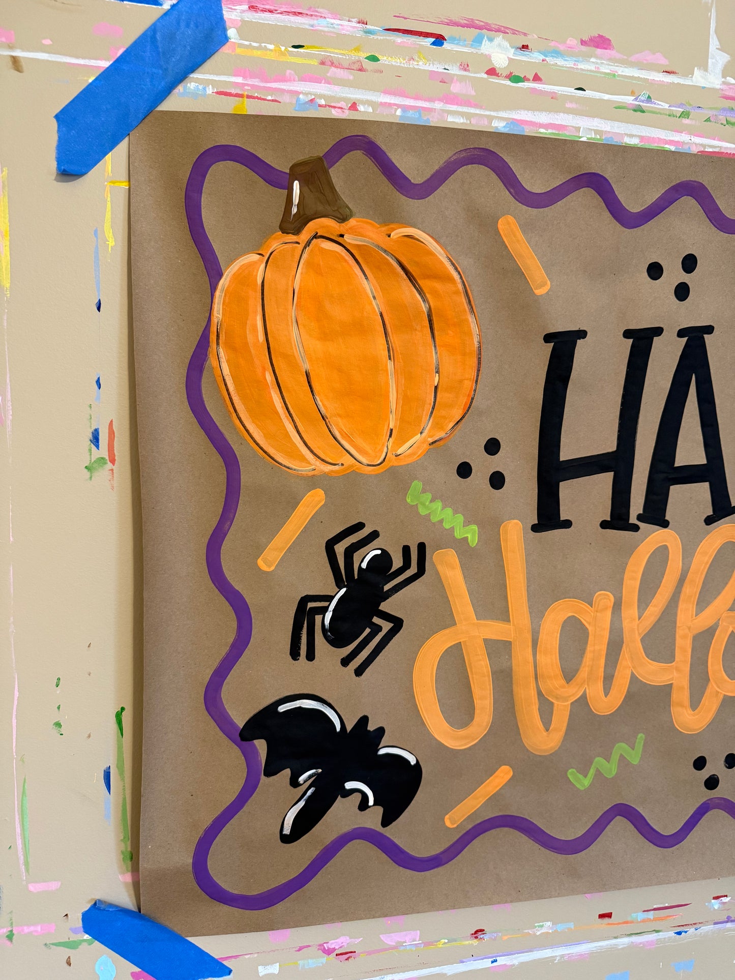 Spooky Ready to Ship Happy Halloween Banner β Hand-Painted Kraft Paper with Ghost & Pumpkins