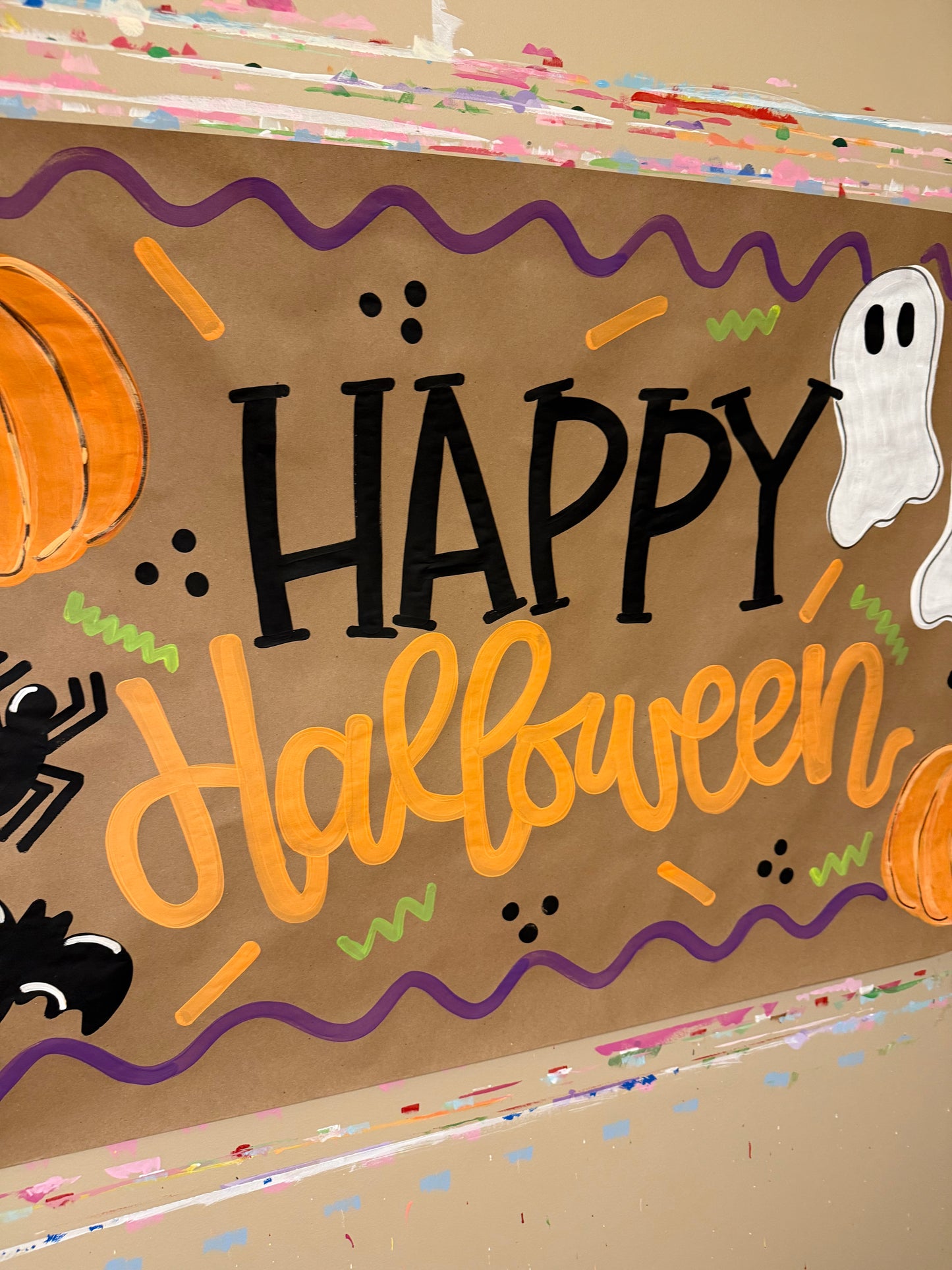 Spooky Ready to Ship Happy Halloween Banner β Hand-Painted Kraft Paper with Ghost & Pumpkins