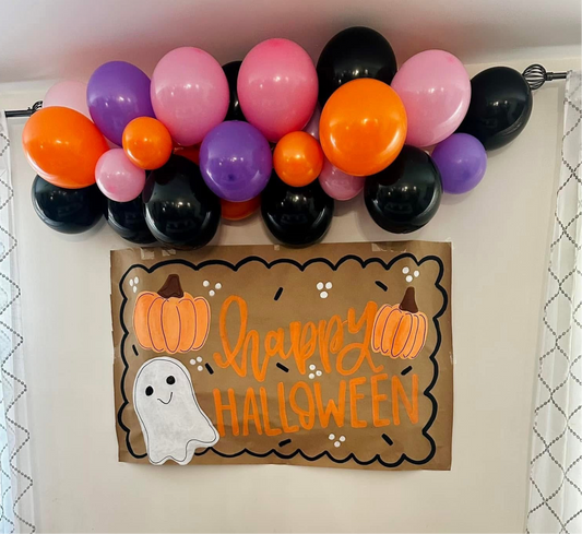 Ready to Ship Happy Halloween Banner – Hand-Painted Kraft Paper with Ghost & Pumpkins