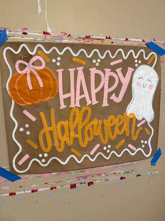 Bow Ready to Ship Happy Halloween Banner – Hand-Painted Kraft Paper with Ghost & Pumpkins