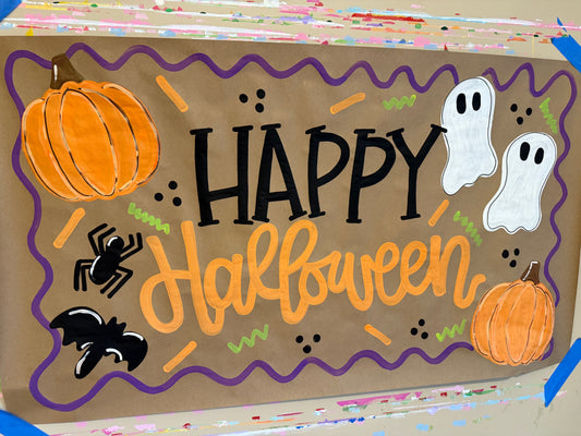 Spooky Ready to Ship Happy Halloween Banner – Hand-Painted Kraft Paper with Ghost & Pumpkins